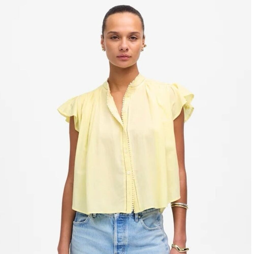 NWT Madewell Shirred Lace-Trim Top in Iced Lemon Size L